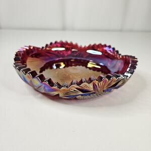 Red Iridescent Shallow Dish, Vintage Sawtooth Edge Glass, Carnival Candy Dish